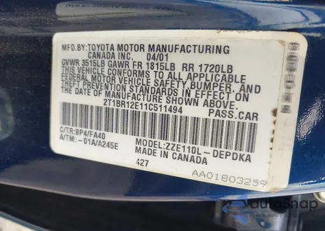 2001 Toyota Corolla Le из США, поврежденный, VIN 2T1BR12E11C511494